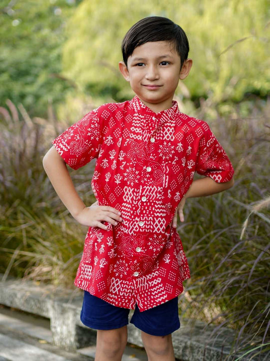 Nimbu Ember Red Kids Mandarin Cotton Shirt