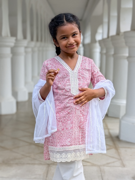 Ira Pink Rose Girls Kurti with Pants Set in Cotton