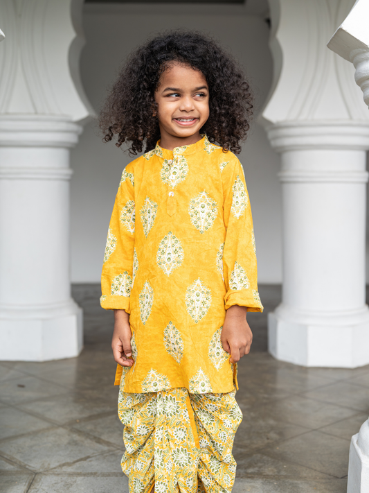 Mira Yellow Boys Kurta Pajama Set in Cotton