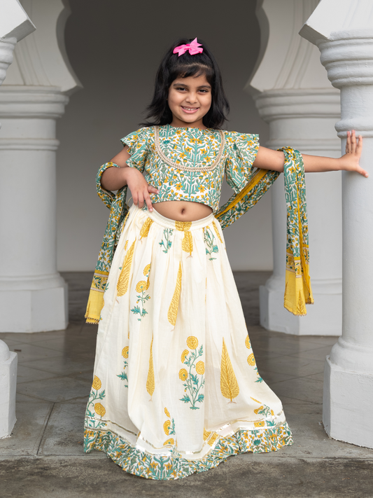 Mira Green Girls Lehenga Choli Skirt Top in Cotton