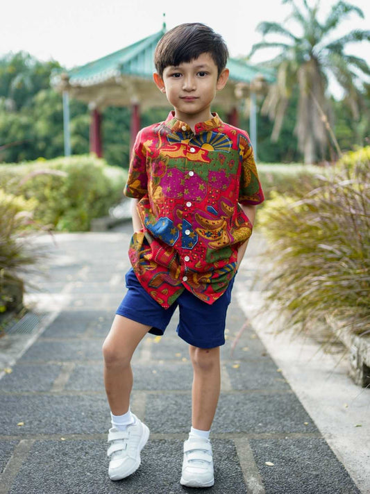 Forest Symphony Red Kids Mandarin Cotton Shirt
