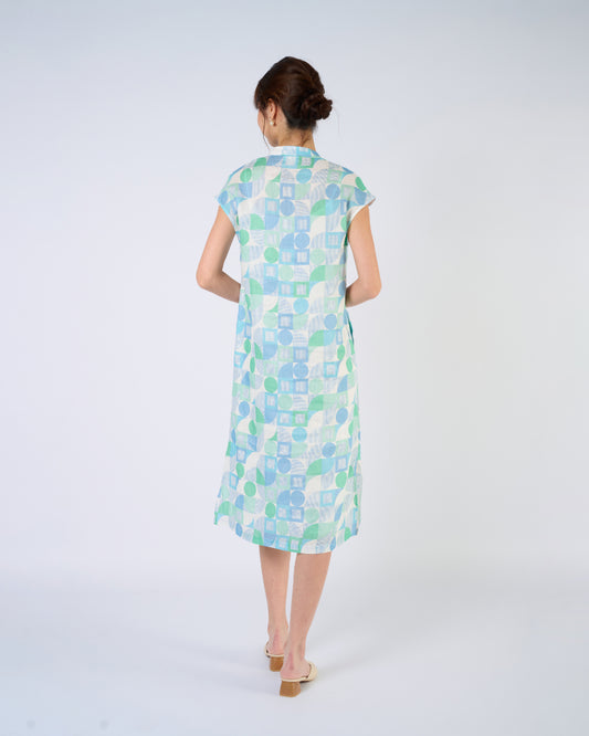 You Living Cap Sleeve Cheongsam Dress – Green Geometric