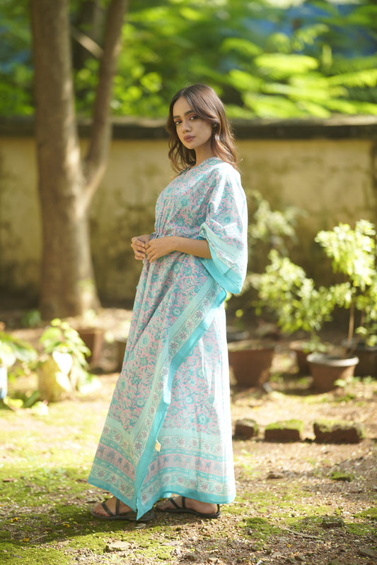 ViryaByUrbi Soft Cotton Kaftan - Mint Green /Blue