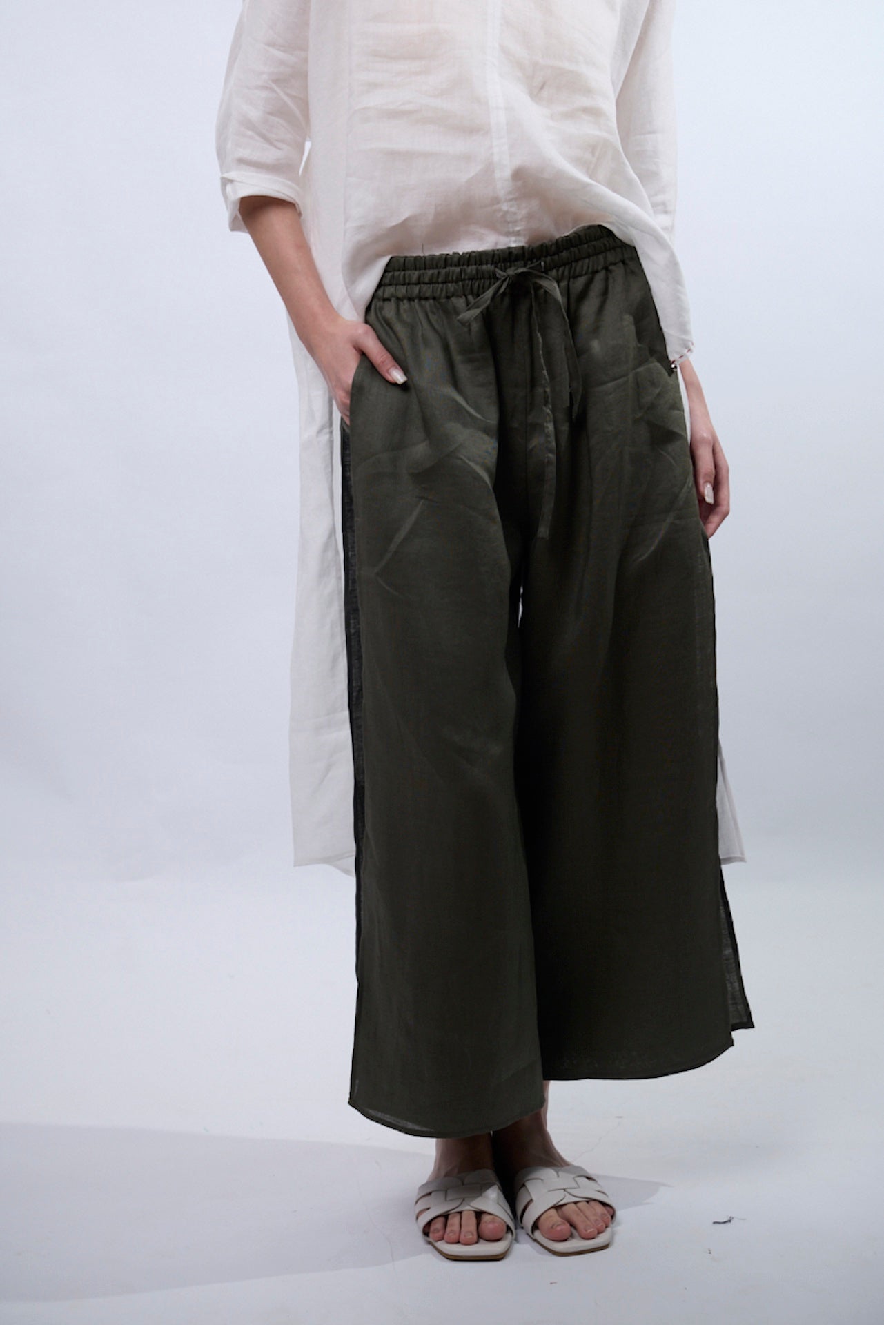 You Living Double Layered Linen Pants in Olive Grey (Free Size)