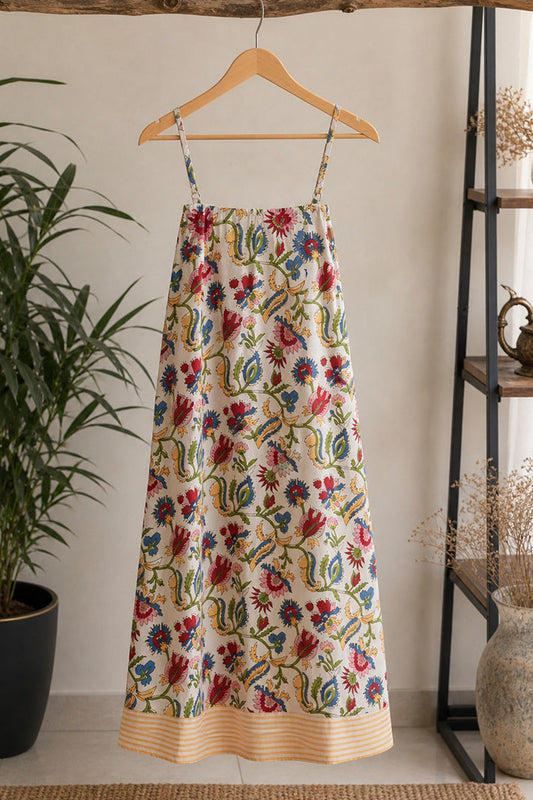 ViryaByUrbi Floral Beige Cotton Spaghetti Dress