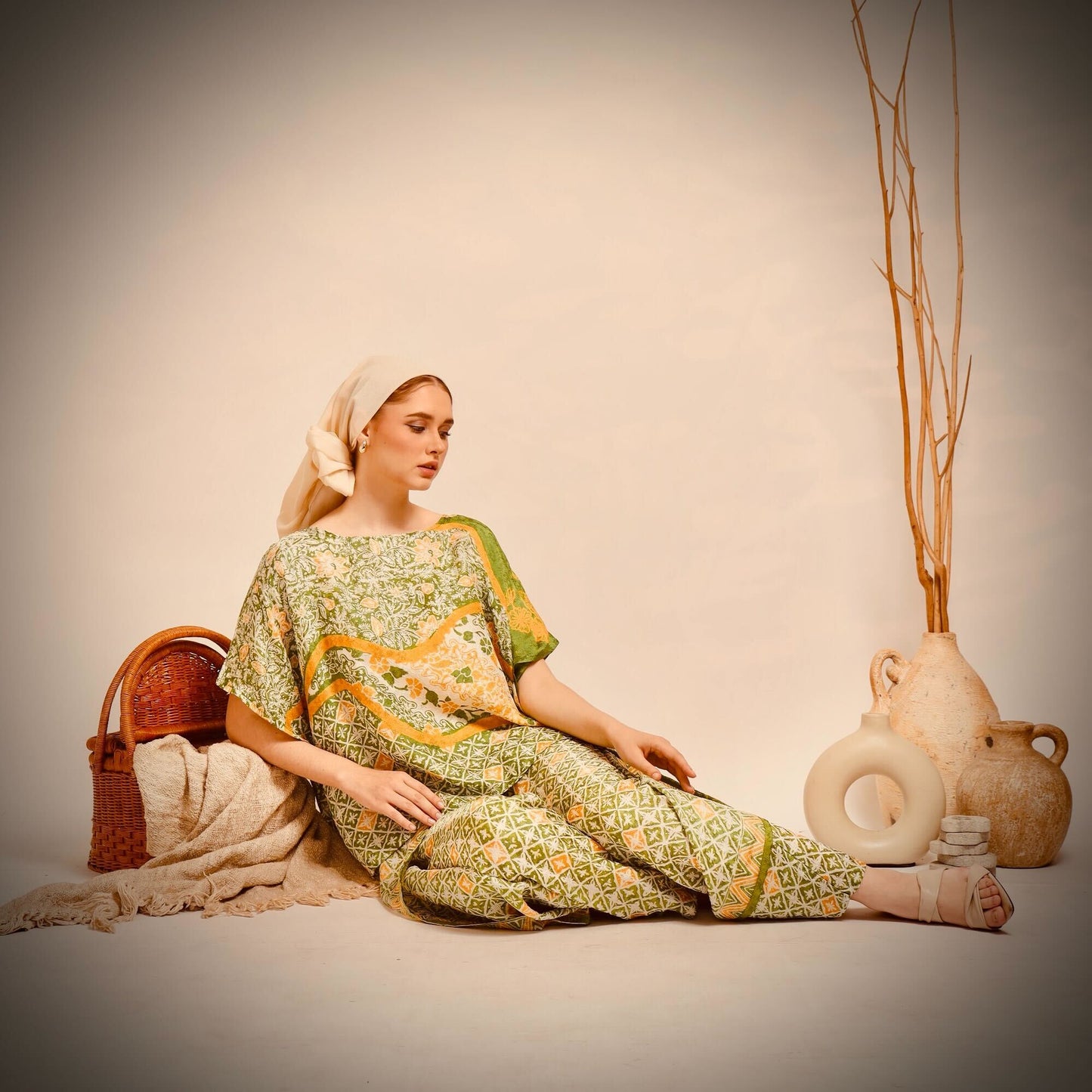 Heritage Silk-Feel Handstamped Blouse – Green Pattern