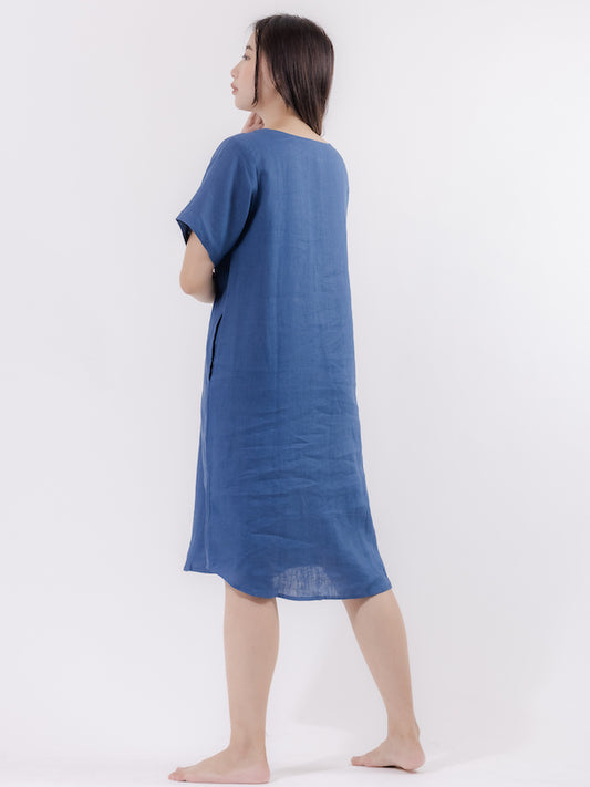 You Living Linen Lounge Dress (Dark Blue) - Free Size