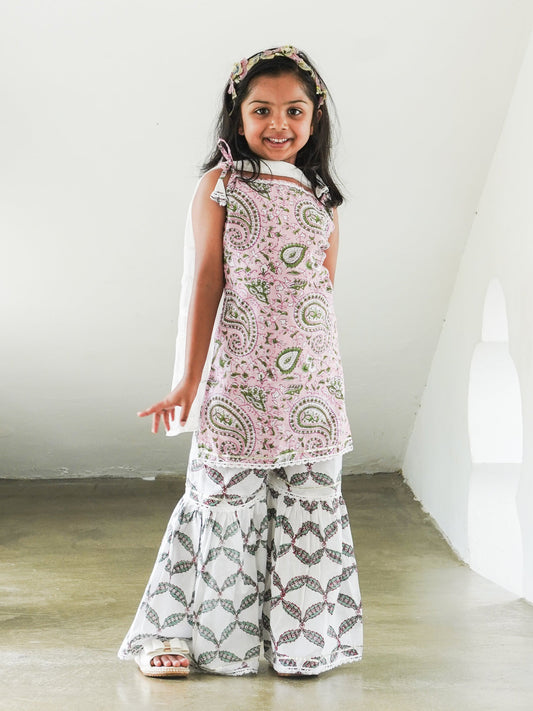 Nimbu Kali Pink Cotton Handblock Print Kurti with Flared Sharara Pants