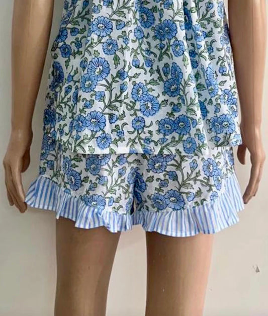 ViryaByUrbi 2-Pc Cotton Floral PJ Shorts Set – Blue & White