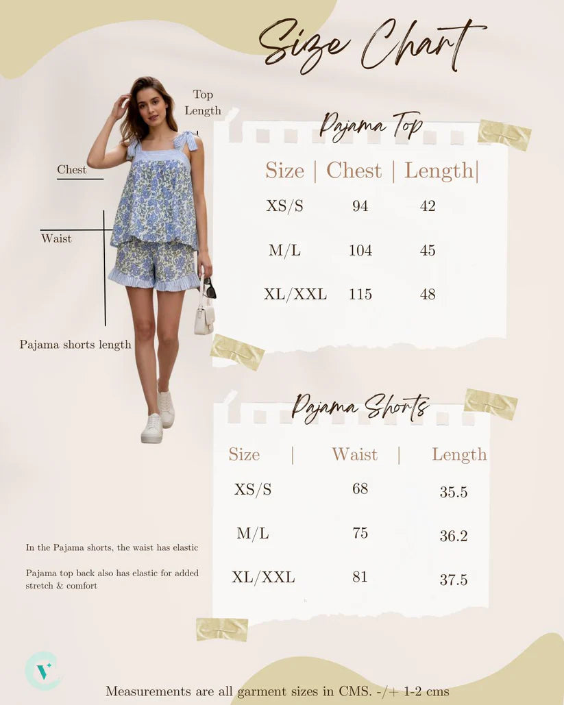 ViryaByUrbi 2-Pc Cotton Floral PJ Shorts Set – Blue & White
