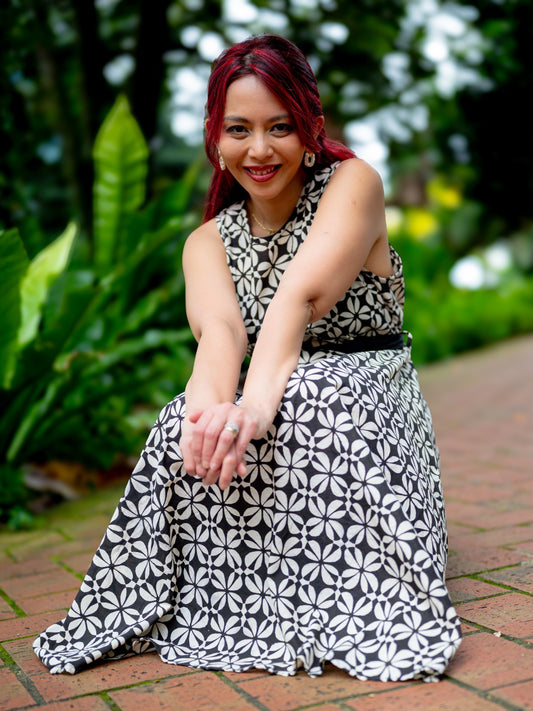 Elena Women's Flowy Dress with Belt in Black White