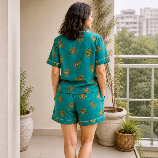 ViryaByUrbi 3-Pc Cotton PJ Shorts Set - Teal Blue