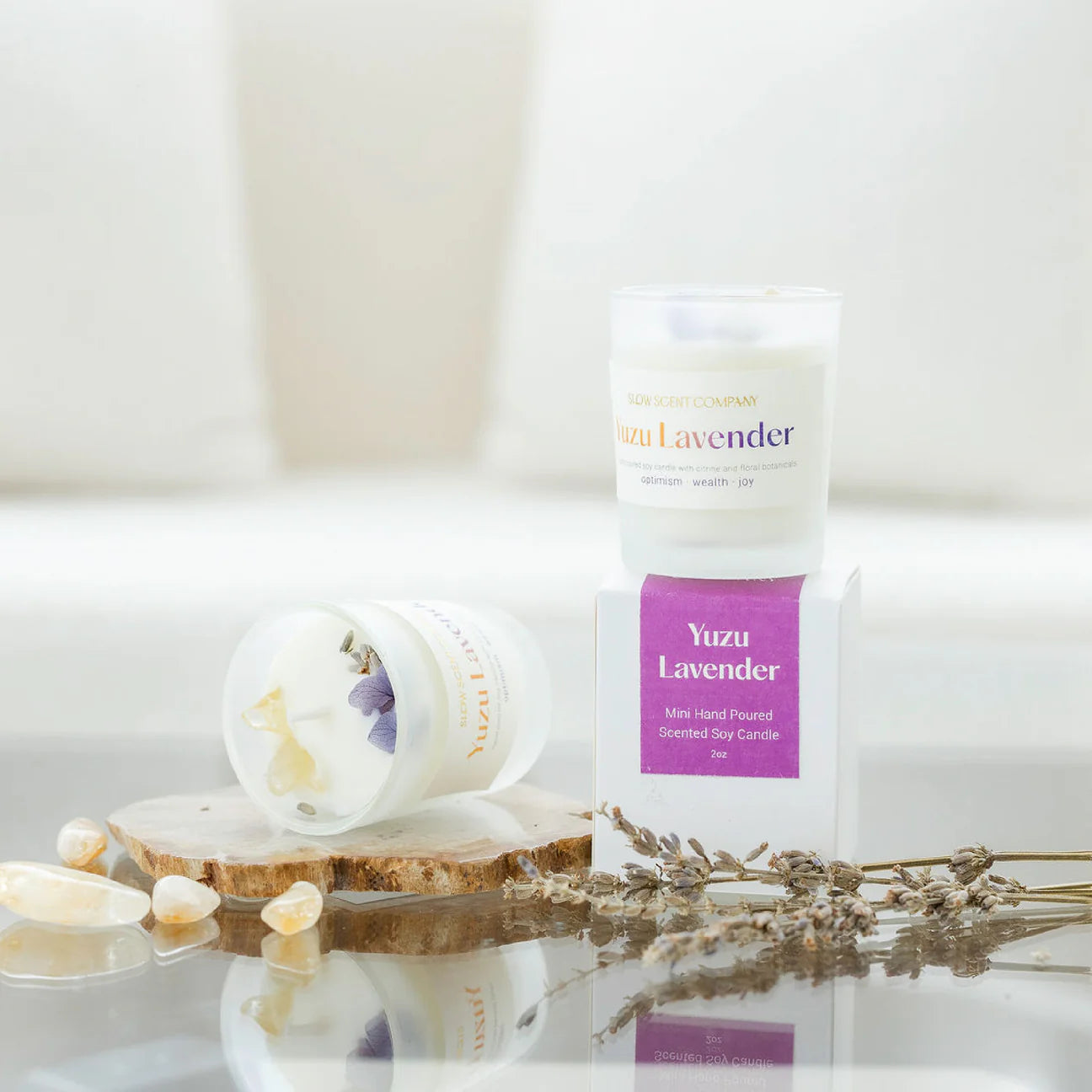 Slow Scent Yuzu Lavender Crystal Candle for Optimism, Wealth & Joy
