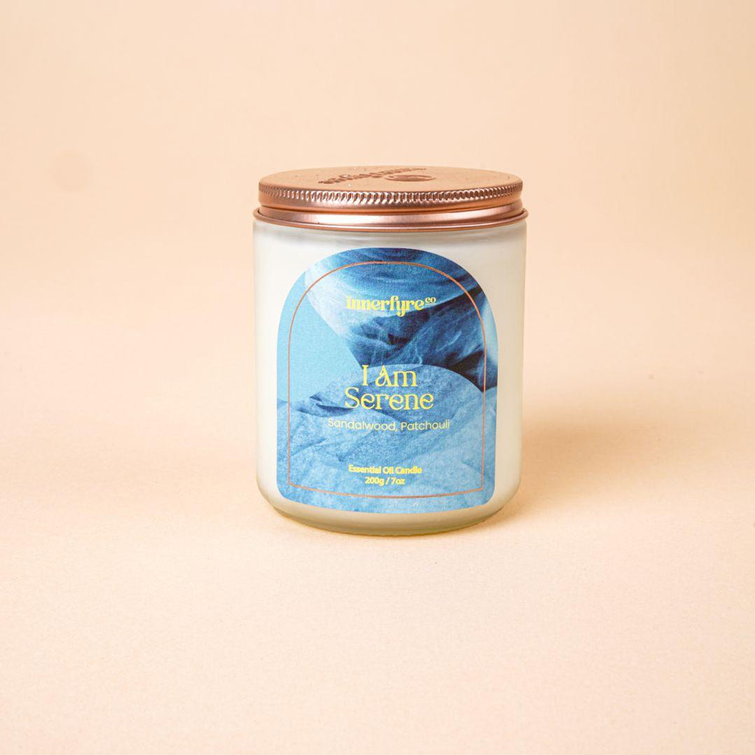 Innerfyre I AM SERENE Affirmation Crystal Candle – Sandalwood & Patchouli | 100 hrs