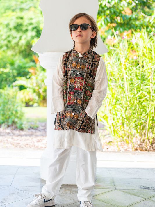 Shan Boys Muslin Cotton Kurta Pajama Jacket set