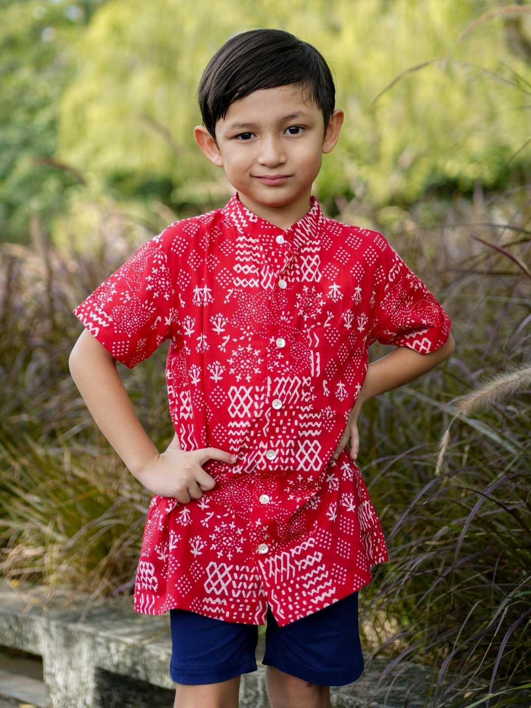 Nimbu Ember Red Kids Mandarin Cotton Shirt