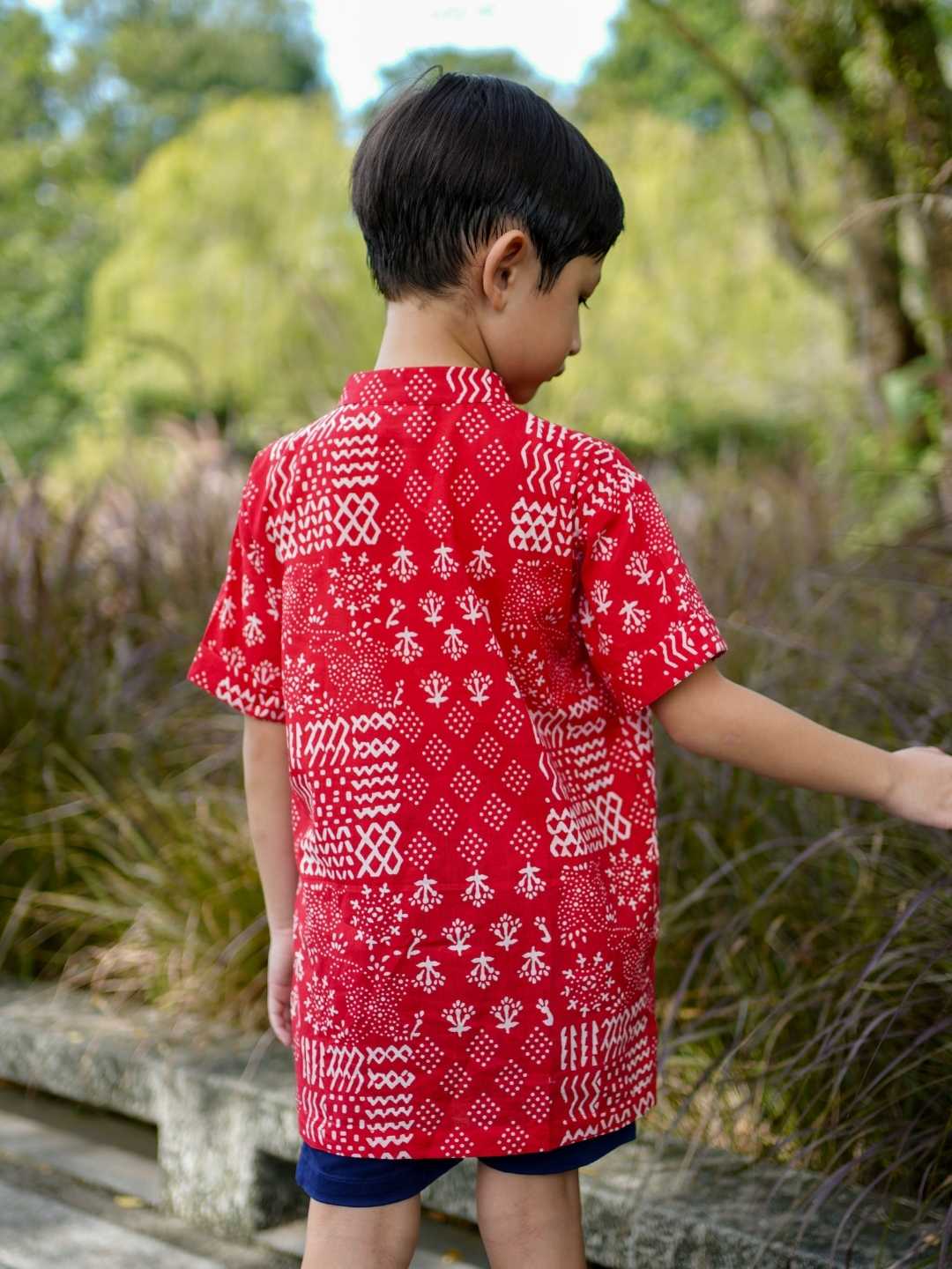 Nimbu Ember Red Kids Mandarin Cotton Shirt