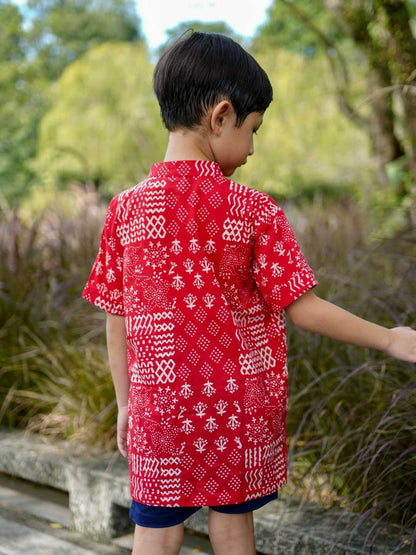 Nimbu Ember Red Kids Mandarin Cotton Shirt