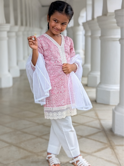 Ira Pink Rose Girls Kurti with Pants Set in Cotton