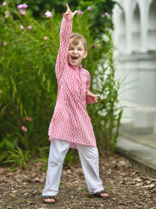 Devi Pink Handblock Zigzag Print Boys Kurta Pajama