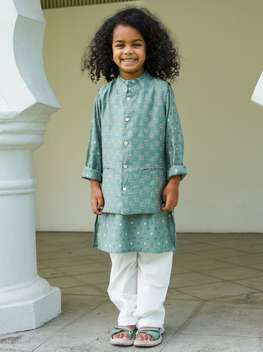 Vir Sage Green Boys Kurta Pajama Jacket in Muslin Cotton