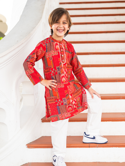 Amara Red Floral Boys Kurta Pajama in Muslin Cotton with Pockets