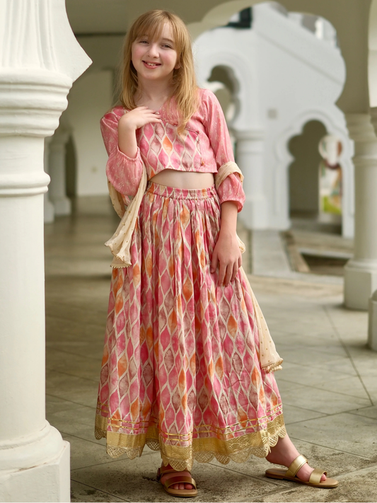 Rooh Girls Lehenga Choli Set with Dupatta in Muslin Cotton