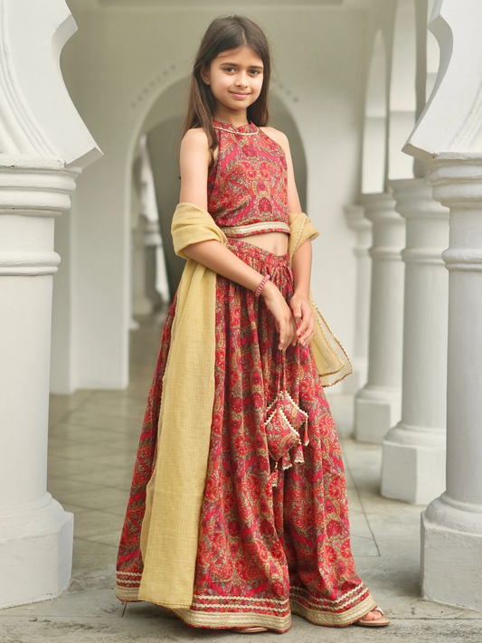 Amara Red Floral Girls Halter Lehenga with Chanderi Dupatta Set in Ice Cool Satin Cotton