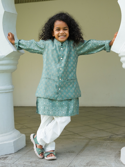 Vir Sage Green Boys Kurta Pajama Jacket in Muslin Cotton