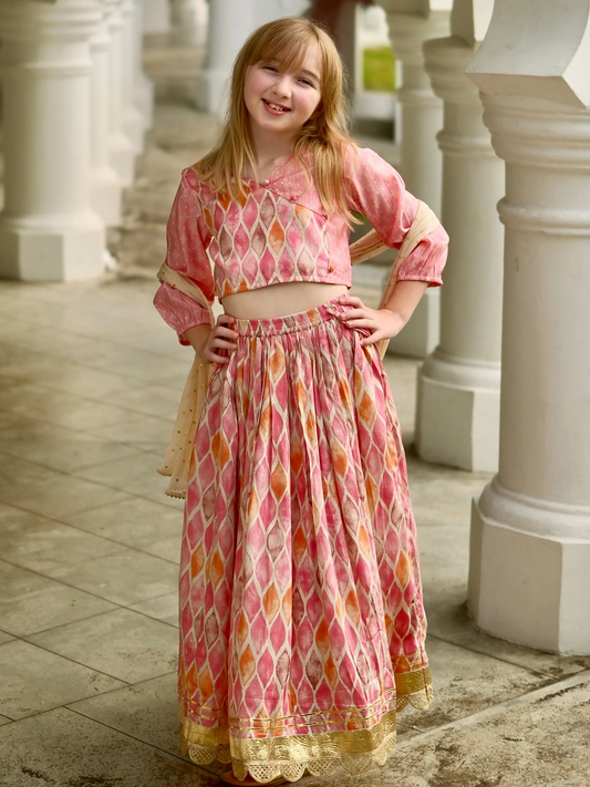 Rooh Girls Lehenga Choli Set with Dupatta in Muslin Cotton