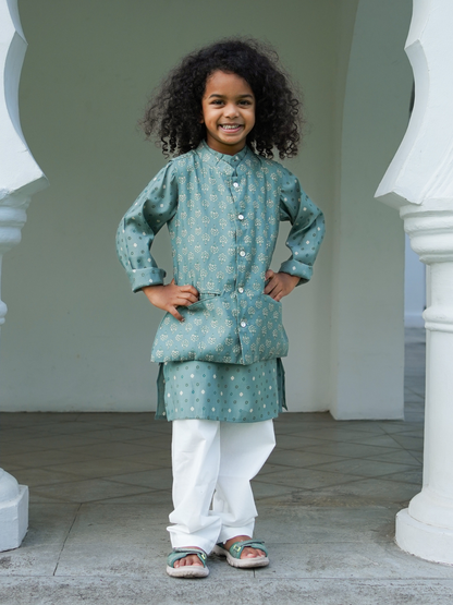 Vir Sage Green Boys Kurta Pajama Jacket in Muslin Cotton