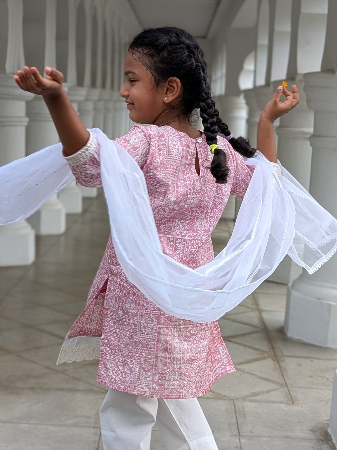 Ira Pink Rose Girls Kurti with Pants Set in Cotton