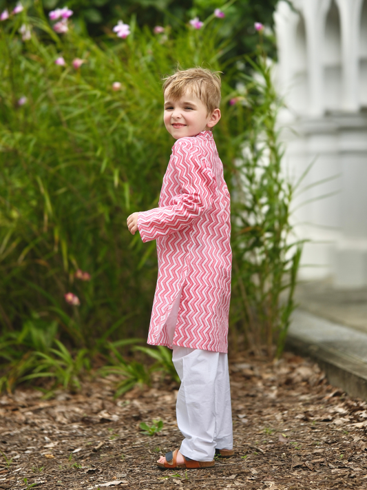 Devi Pink Handblock Zigzag Print Boys Kurta Pajama