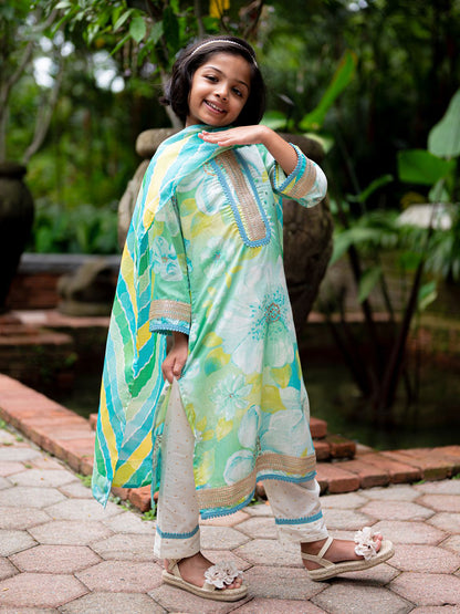 Simar Girls Kurta Pant with Dupatta Set in Floral Print