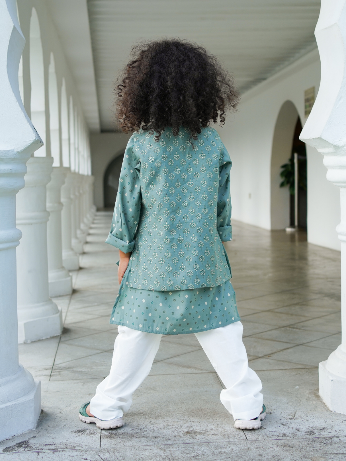 Vir Sage Green Boys Kurta Pajama Jacket in Muslin Cotton