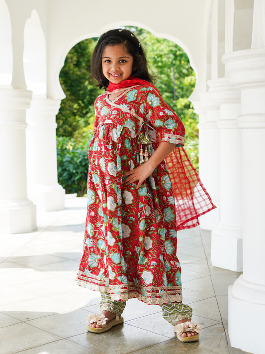 Reet Red Girls Handblock Angarkha Anarkali With Pants in Cotton