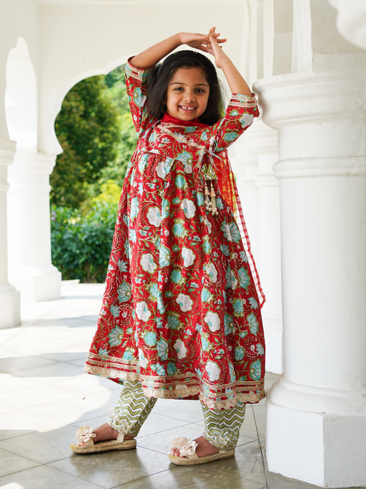 Reet Red Girls Handblock Angarkha Anarkali With Pants in Cotton