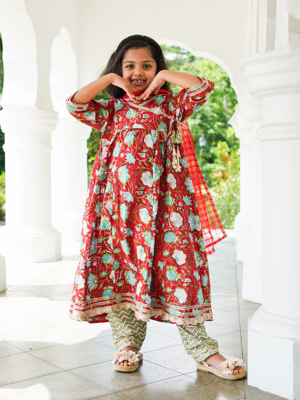 Reet Red Girls Handblock Angarkha Anarkali With Pants in Cotton