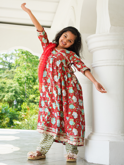 Reet Red Girls Handblock Angarkha Anarkali With Pants in Cotton