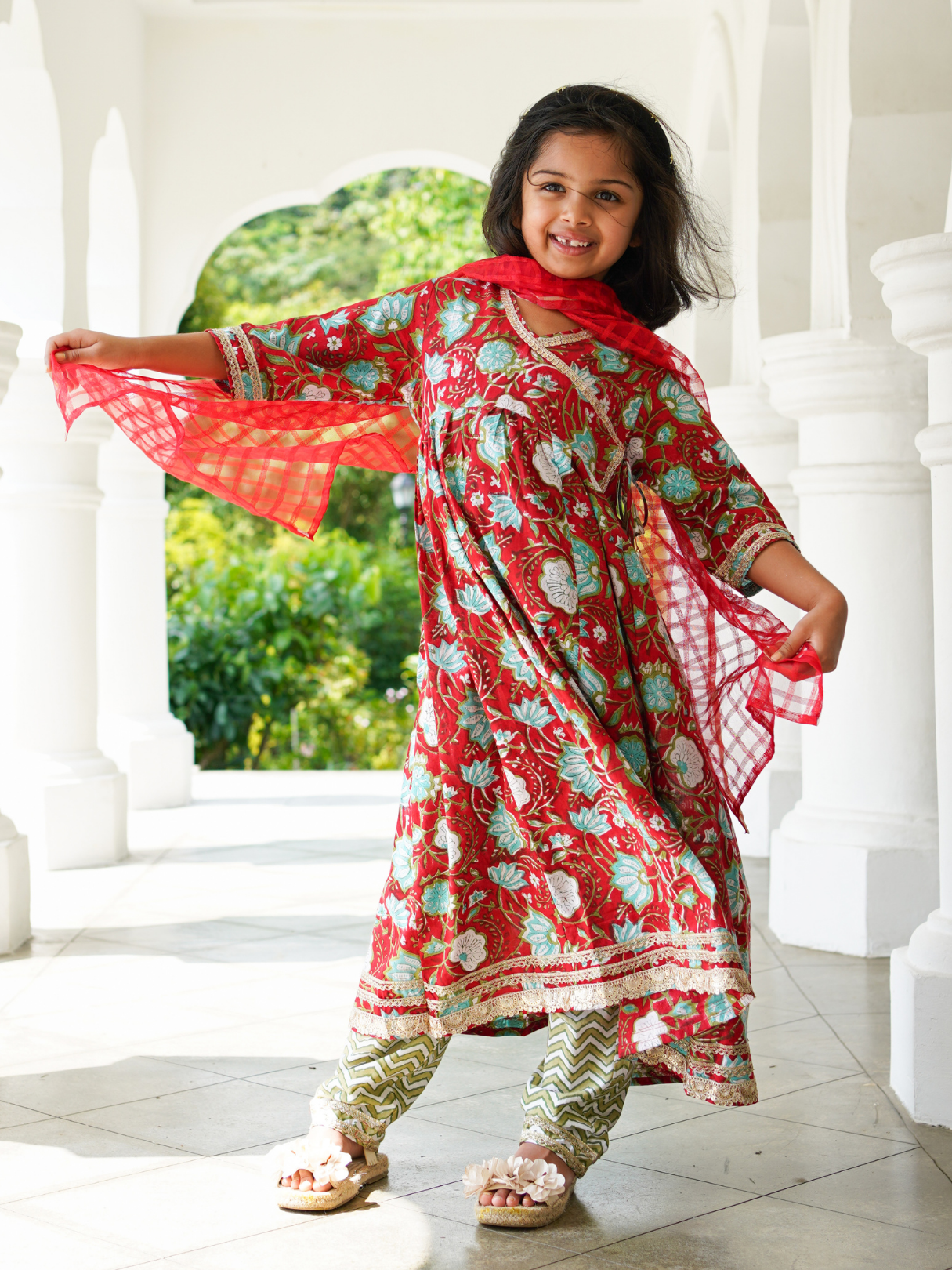 Reet Red Girls Handblock Angarkha Anarkali With Pants in Cotton