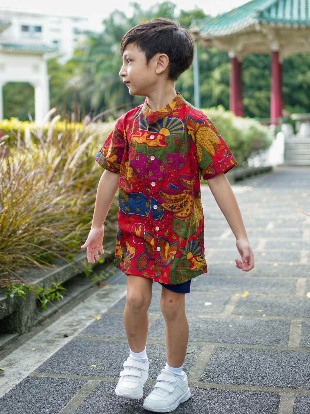 Forest Symphony Red Kids Mandarin Cotton Shirt