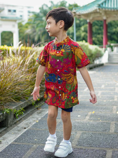 Forest Symphony Red Kids Mandarin Cotton Shirt