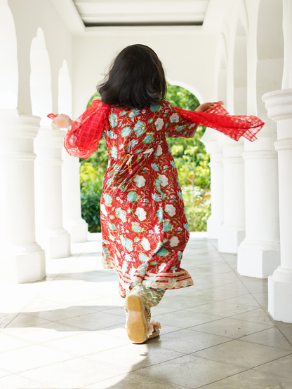 Reet Red Girls Handblock Angarkha Anarkali With Pants in Cotton