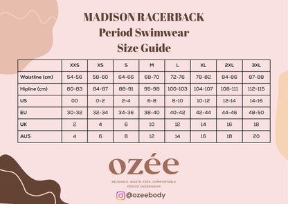 OZEE PERIOD SWIMWEAR MADISON RACERBACK - ONE PIECE MODERATE FLOW ( 4 - 6 HOURS ) FITS FOR TEENS TO ADULT