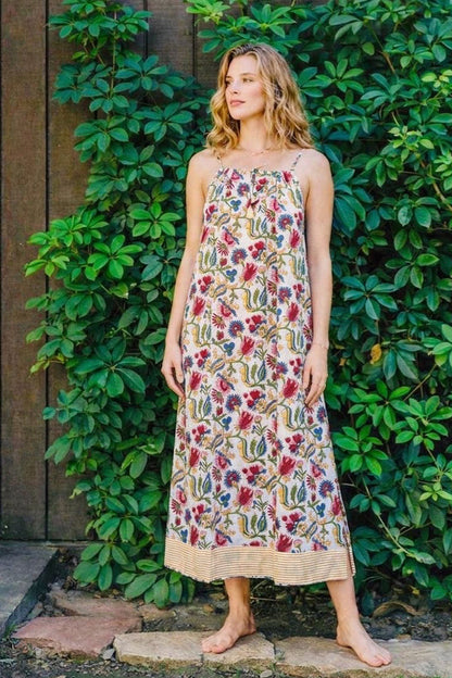 ViryaByUrbi Floral Beige Cotton Spaghetti Dress