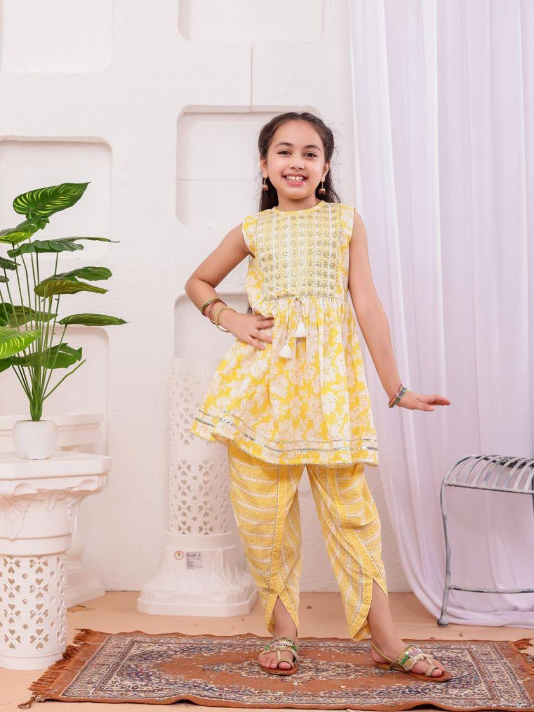 Aisha Lemon Yellow Girls Kurti with Dhoti Salwar Set in Cotton
