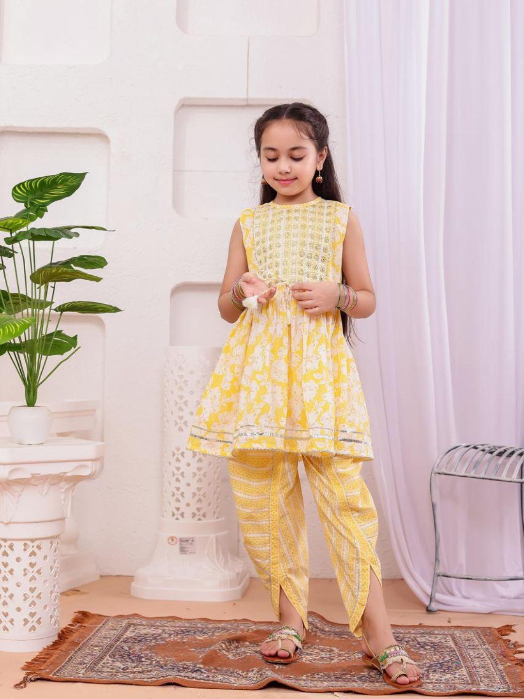 Aisha Lemon Yellow Girls Kurti with Dhoti Salwar Set in Cotton
