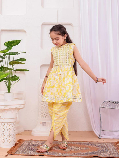 Aisha Lemon Yellow Girls Kurti with Dhoti Salwar Set in Cotton
