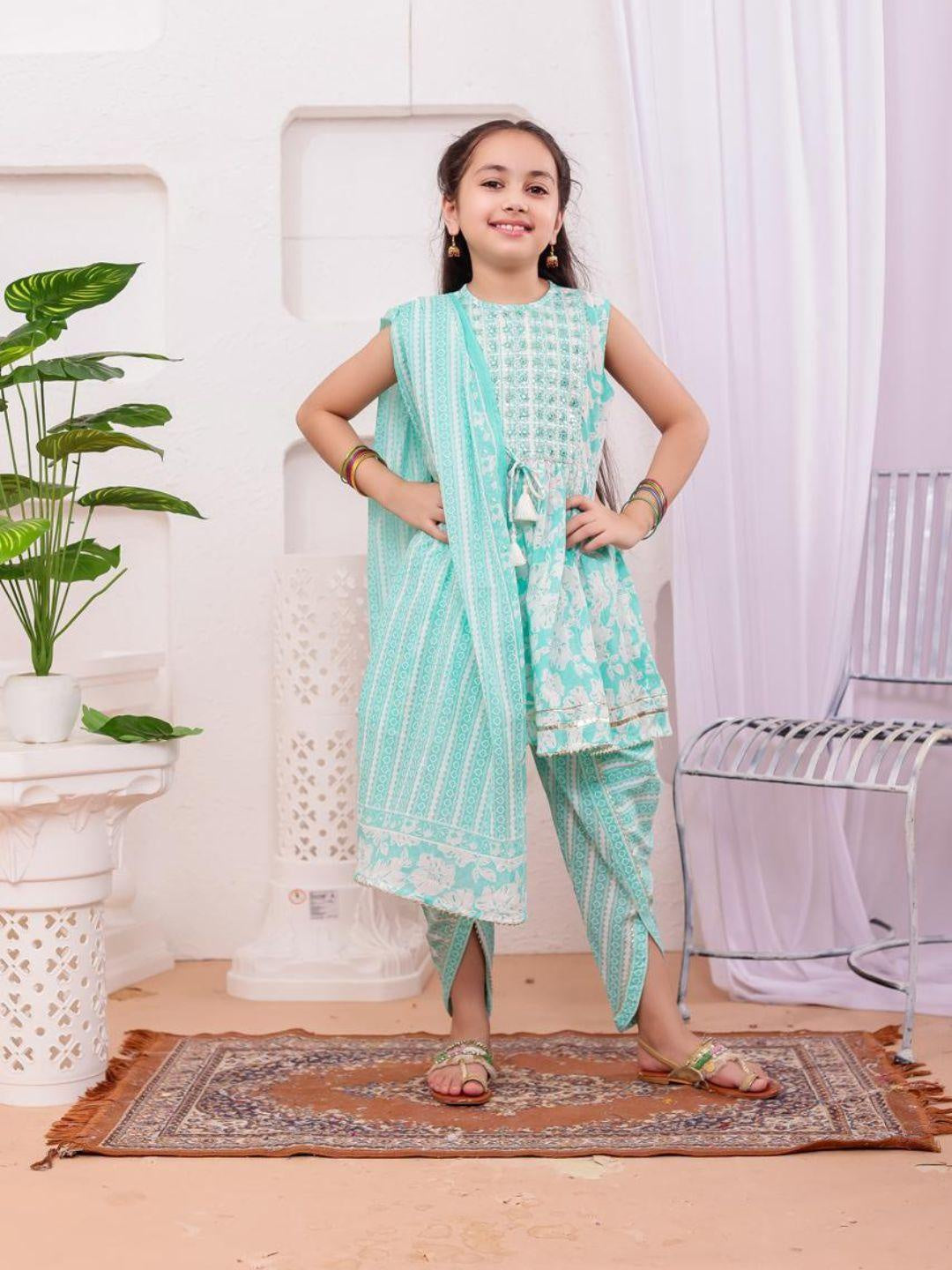 Aisha Sky Blue Girls Kurt with Dhoti Salwar Set in Cotton