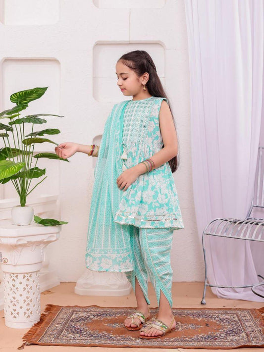Aisha Sky Blue Girls Kurt with Dhoti Salwar Set in Cotton